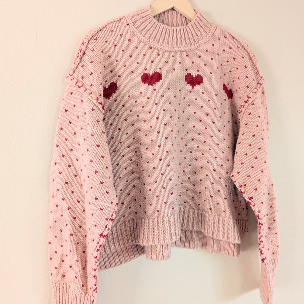 Women’s Pink Heart Knit Crewneck Sweater - Picture 2 of 16